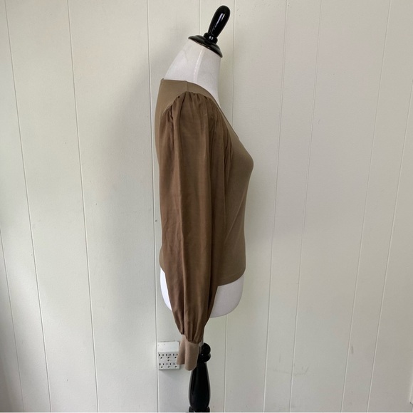 Sundry Mixed Media Top 3 US L Rib Knit Satin Puff Sleeve Brown Scoop Neck Crop - Picture 3 of 12